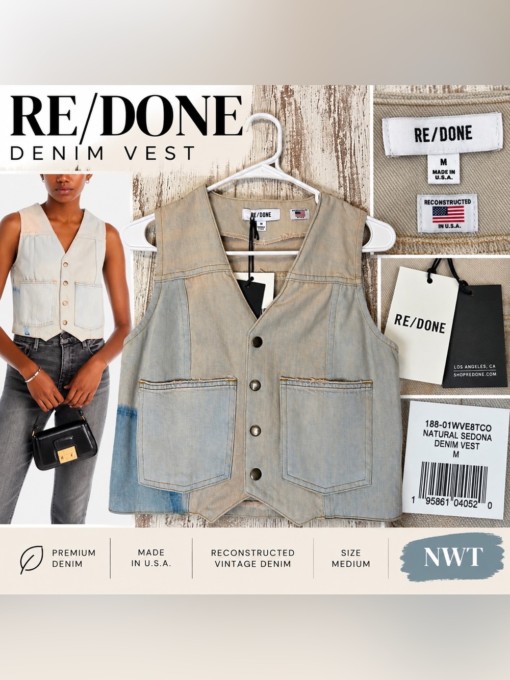 RE/DONE Natural Sedona Denim Vest Women’s Medium NWT Made in USA